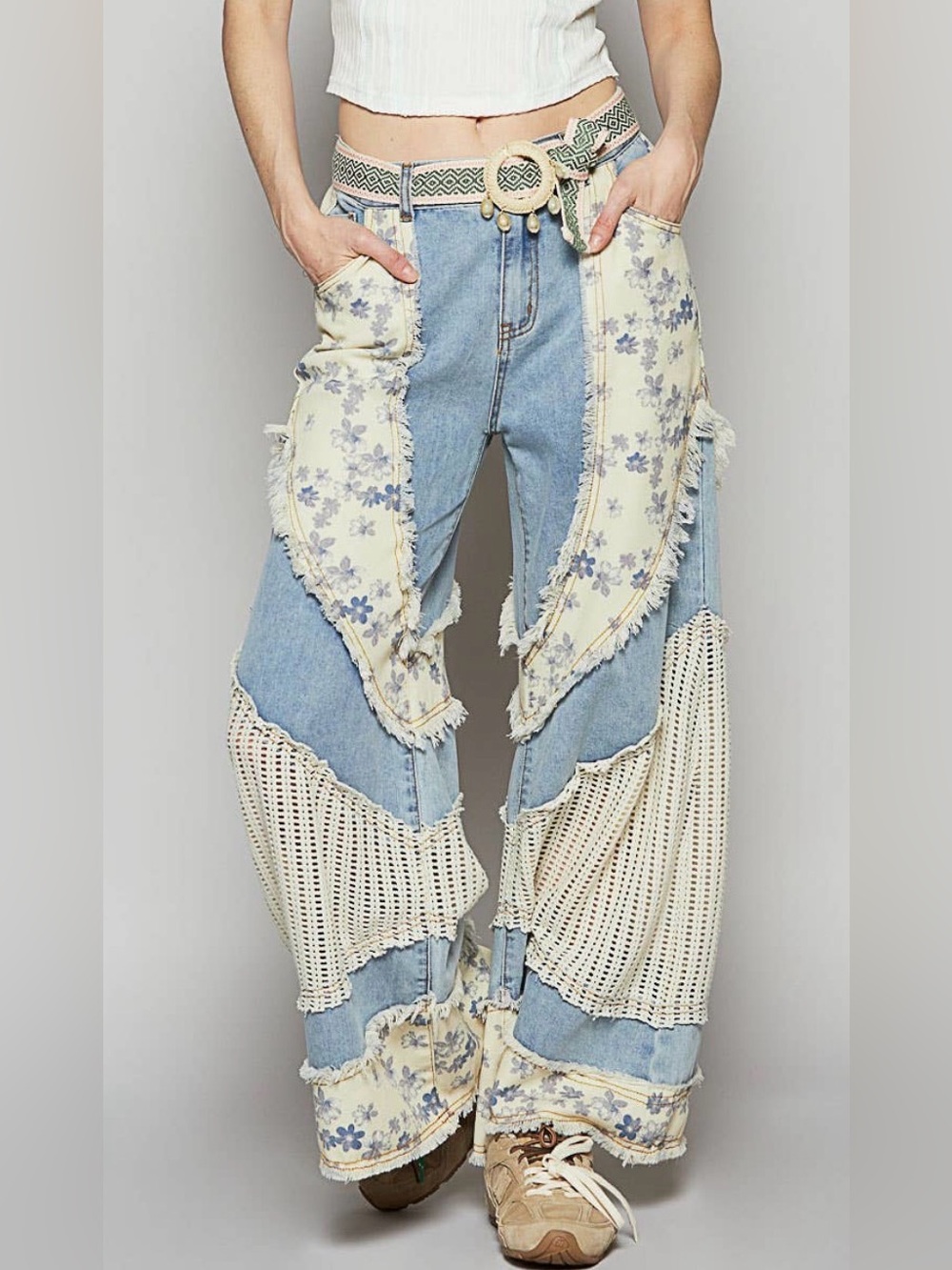 Pol Floral Print Crochet Floral Boho Patchwork Wide Leg Casual Jeans Size Large